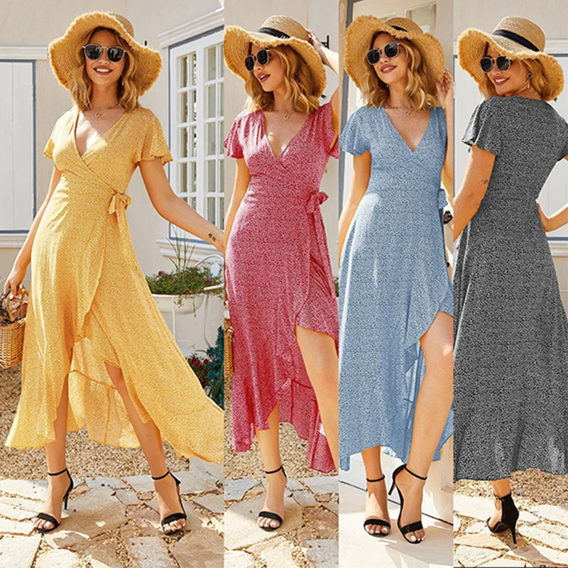 

2021 New Women's Polka Dot Print V-Neck Ruffled Beach Dress