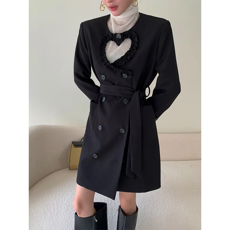 

Womens Pullovers Dresses Long-Sleeve Crew Neck Office Lady Solid Color Hollow Out Love With Waist Tie Dresses