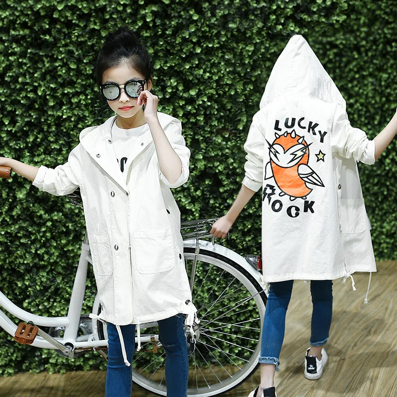 Weixu Children's Windbreaker For Girls Fashion Kids Spring Autumn Cartoon Bird Outerwear Jacket Teenager Hooded Long Trench Coat | Детская