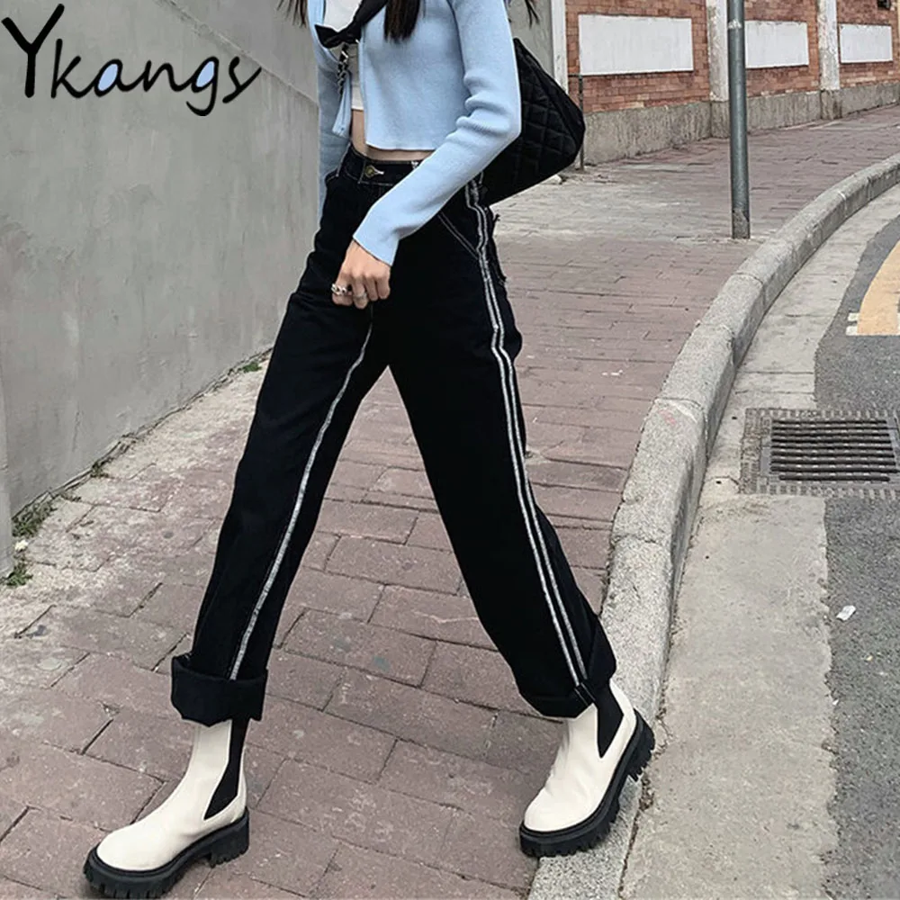 

Frayed Leg Hem Pockets Desigual Side Stripe Wide Leg Black Jeans Harajuku Gothic Trendy Women Denim Pants High Waist Y2k Trouser