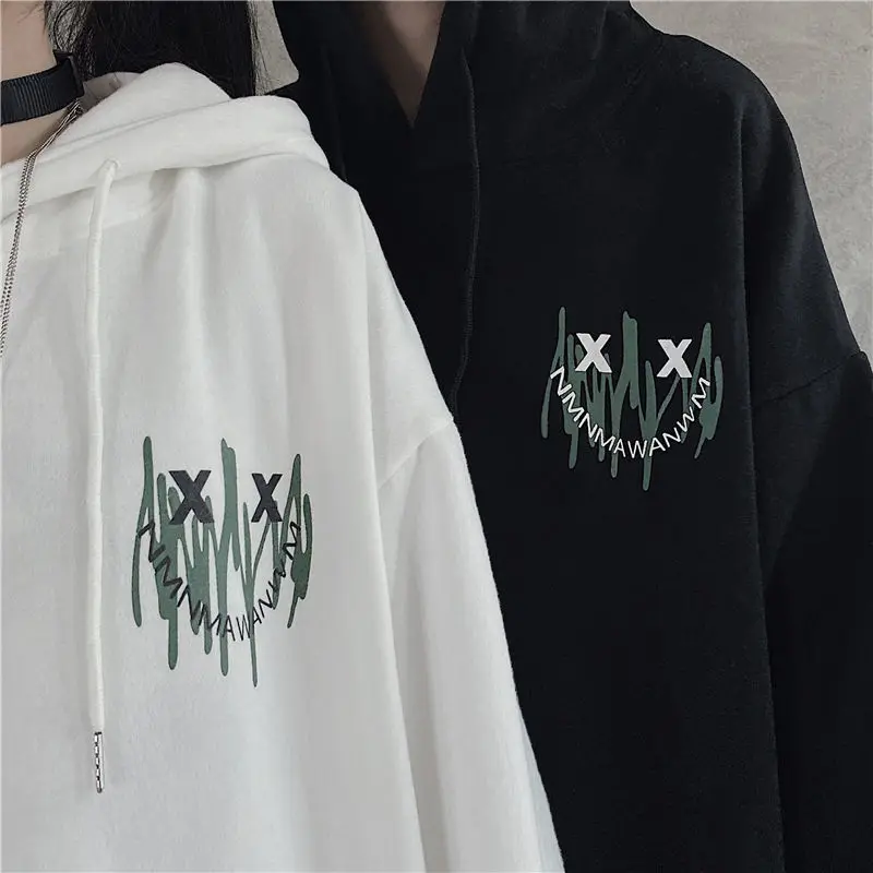 

Street ladies pullover smiley print hoodie oversized Harajuku style hooded plus size winter couple sweatshirt ladies