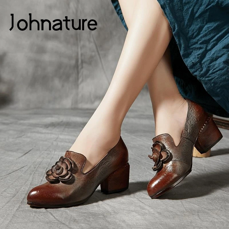 Женские туфли в стиле ретро Johnature лодочки из натуральной кожи на квадратном