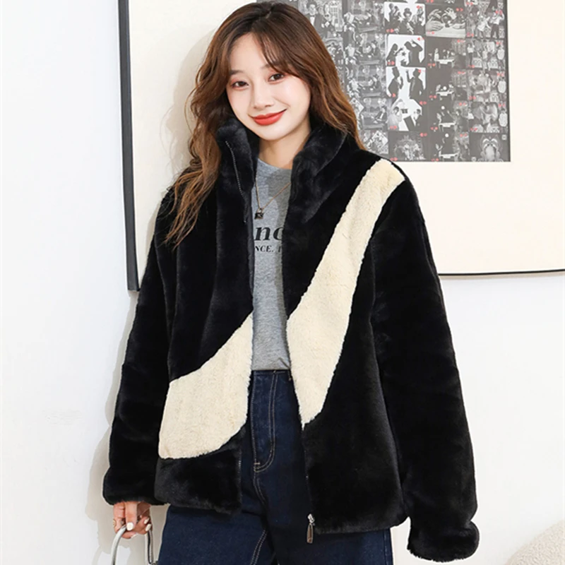 Big hook fur imitation mink stand collar large size casual jacket winter lamb velvet jacket mid-length jacket Office Ladyzipper