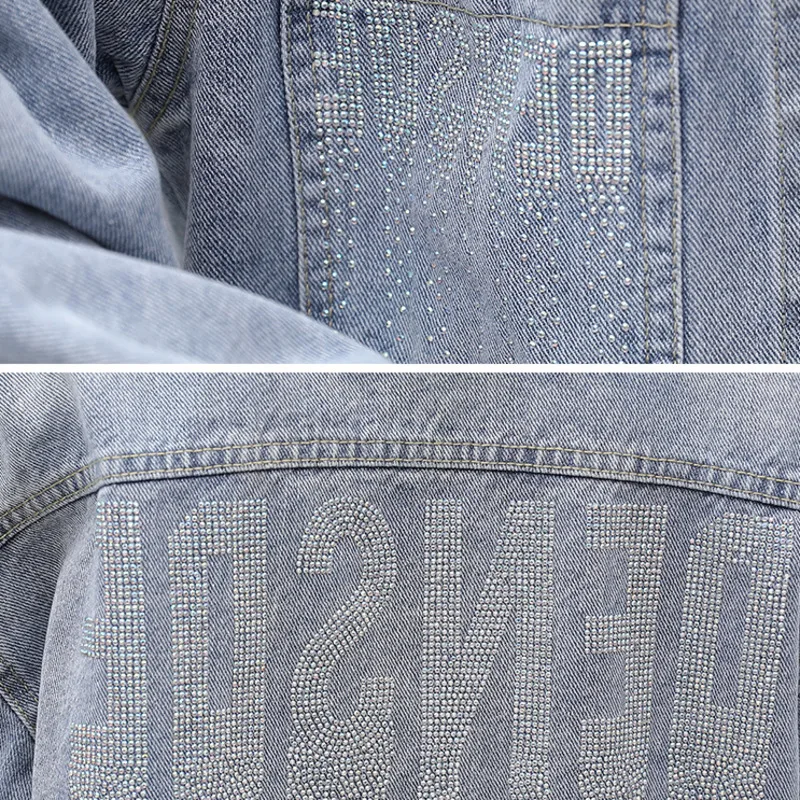 

#3352 Spring Autumn Short Denim Jacket Women With Diamonds Letter Jeans Jacket Ladies Korean Casual Womens Jackets And Coats