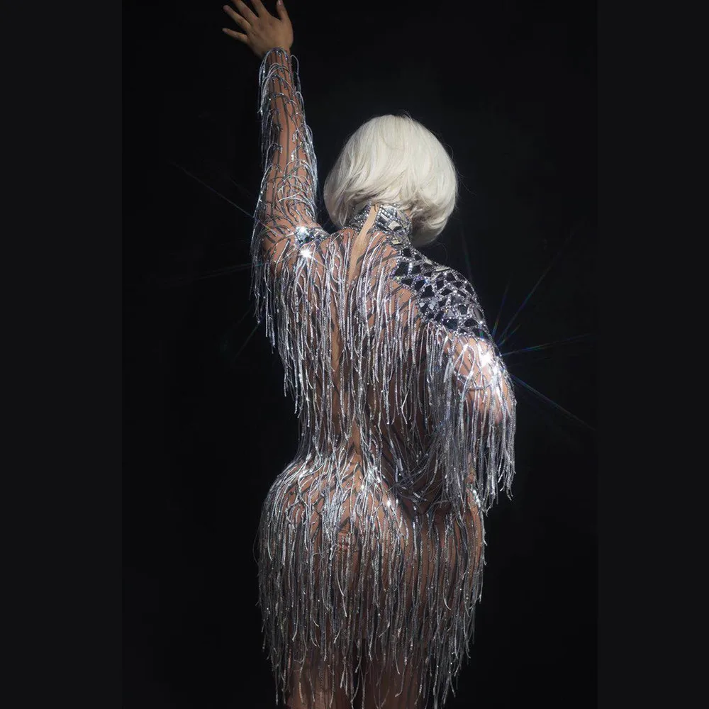 

Party Stage Wear Dance Show Outfit with Crystal Mask Sparkly Fringes Dress Women Nightclub Dance Costume Sequin Tassel Dress