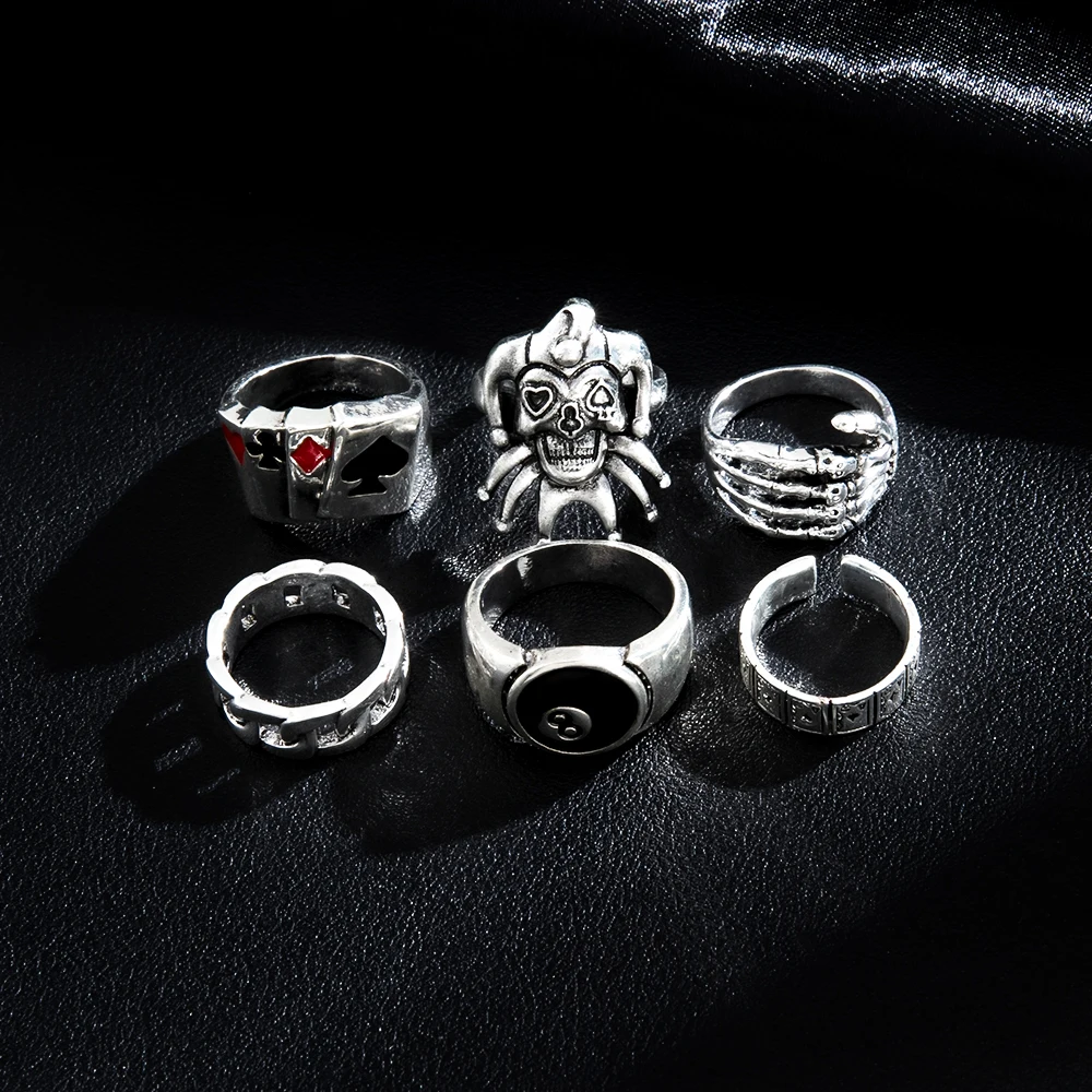 Sindlan 6 шт. панк покер Джокер серебряные кольца для мужчин Готический Скелет