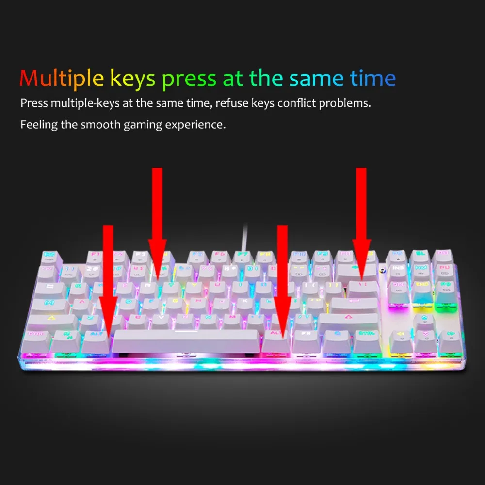 Motospeed K87S ABS USB2.0 Проводная Механическая клавиатура с RGB подсветкой синий переключатель для компьютерных игр и связывания белый 1,8 mCable