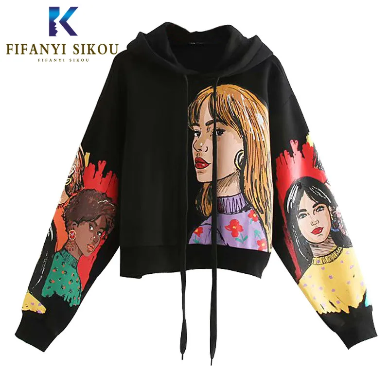 

Fashion Print Sweatshirt Women Short Hoodies Loose Long sleeve Pullover Tops Female 2020 Spring Casual Hoodie Sweatshirts