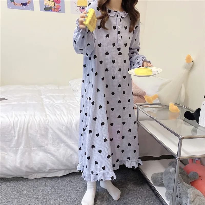 

crepe cotton ruffles nightshirt double layer gauze night dress loose home clothes sleepdress autumn winter nightgown heart L802