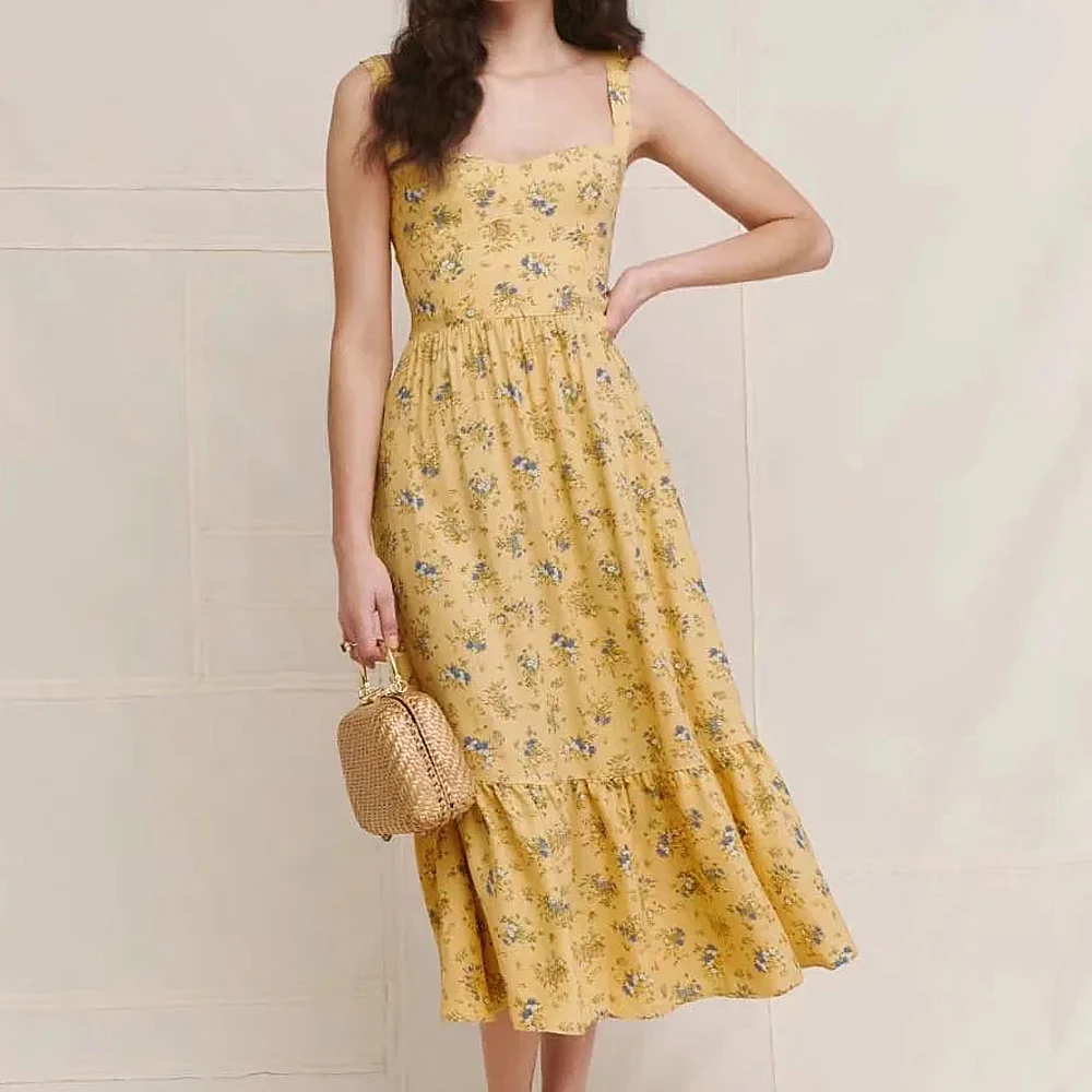 

2021 Summer beach Sundresses women vintage floral Sling Dresses Bohemia Strap Vestidos elegance Retro Ruffle hem Midi Dress