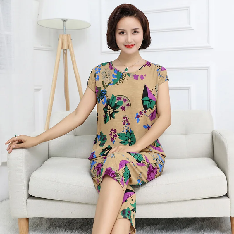 Пижама женская с коротким рукавом комплект из 2 предметов лен XL-4XL домашняя одежда