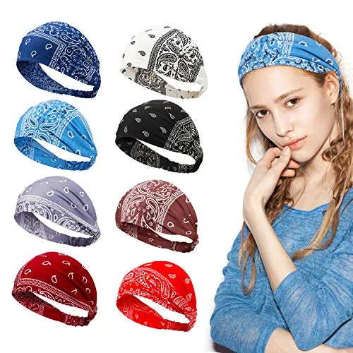 

8 Pieces Boho Bandana Headbands Elastic Paisley Headbands Stretchy Yoga Vintage