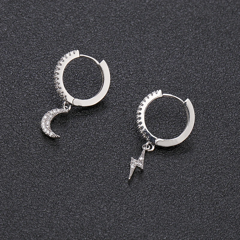 

New Trendy Aaa Cubic Zirconia Moon Lightning Hoop Earrings Fashion Asymmetry Drop Earrings for Women Dangle Jewelry 2021