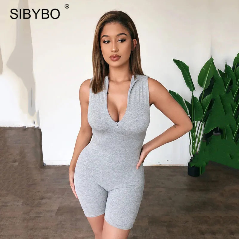 Женский обтягивающий комбинезон Sibybo черный эластичный с V образным вырезом и