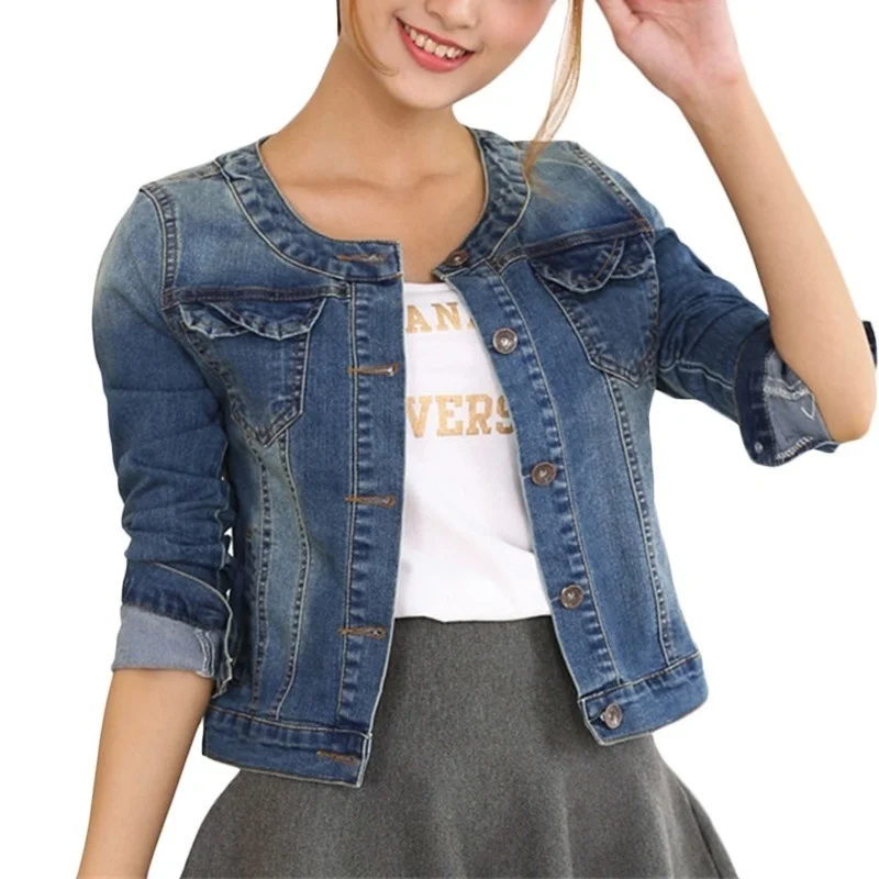 

Куртка женская джинсовая с длинным рукавом, эластичная короткая Базовая верхняя одежда с круглым вырезом, большие размеры 4XL, весна-осень