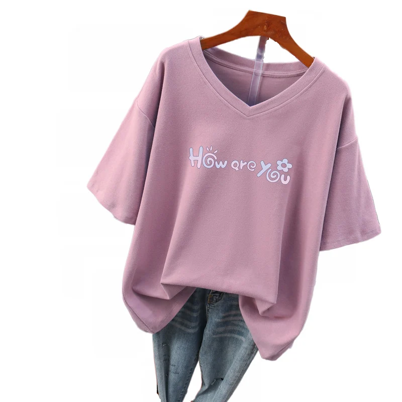 

T-shirt Tops Shirt Super-large code fat short sleeve han edition ins tide female 2021 summer wear loose half sleeve v-neck
