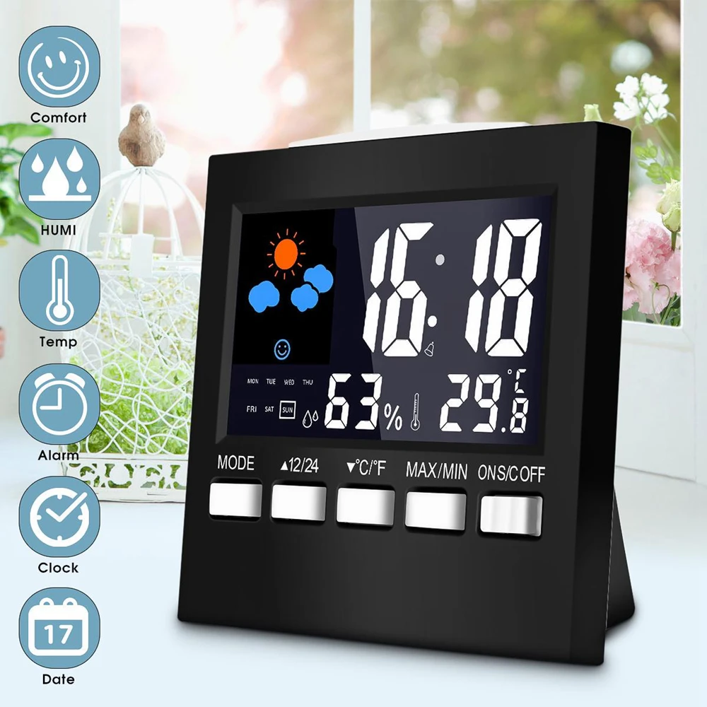 

LCD Digital Thermometer Weather Station Clock &Alarm Clock Calendar Room Home Hygrometer Termometer Temperature Humidity Meter