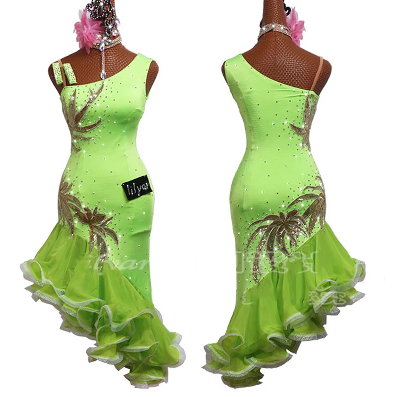 

Latin Dance Competition Dress Adult Customize Children Costumes Embroidered Fluorescent Green Fishbone Skirt Latin Dress BL3125
