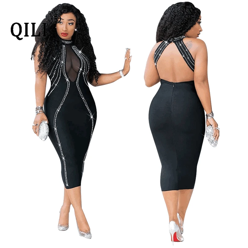 QILI Women Sexy Party Dress Sleeveless Backless Diamonds Rhinestone Dresses Black See Through Mesh Bodycon Dress Femme sexy jewel neck backless sleeveless black dress for women