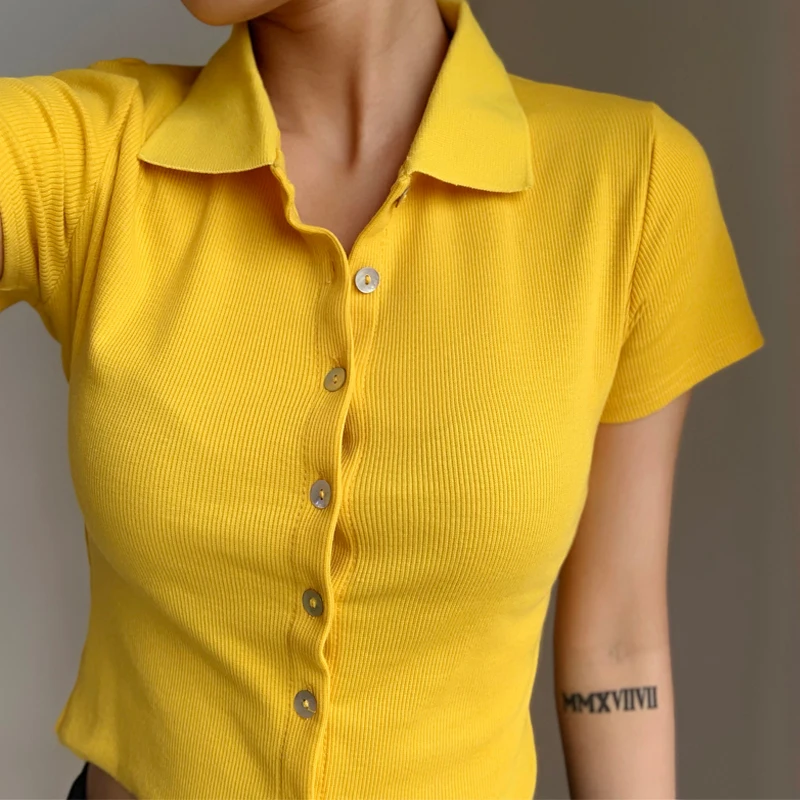 Новинка 2020 летний женский укороченный топ однобортная футболка с коротким