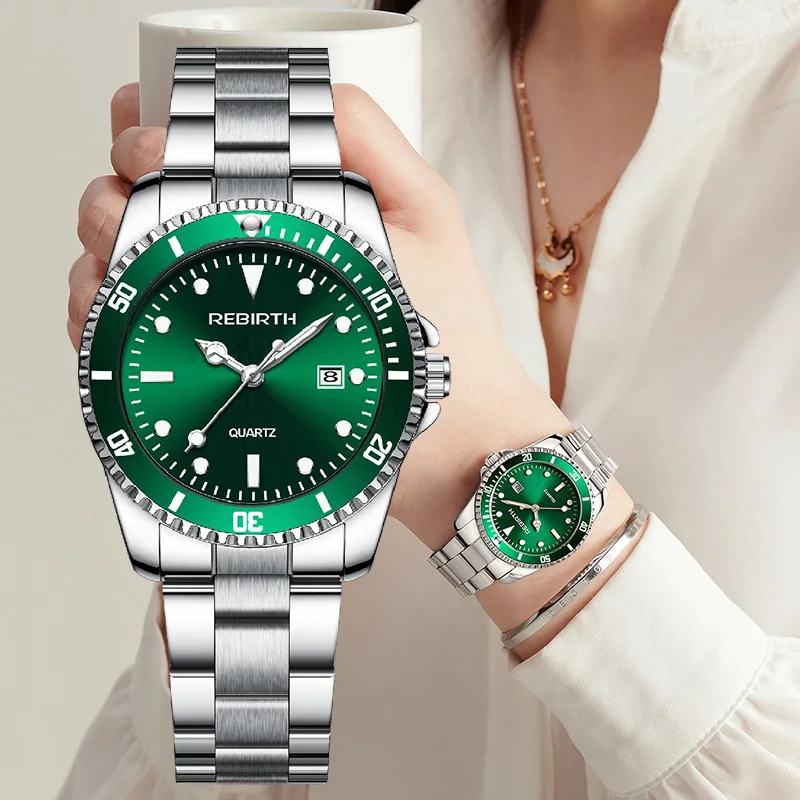 Часы женские кварцевые с зеленым циферблатом и браслетом из нержавеющей стали |