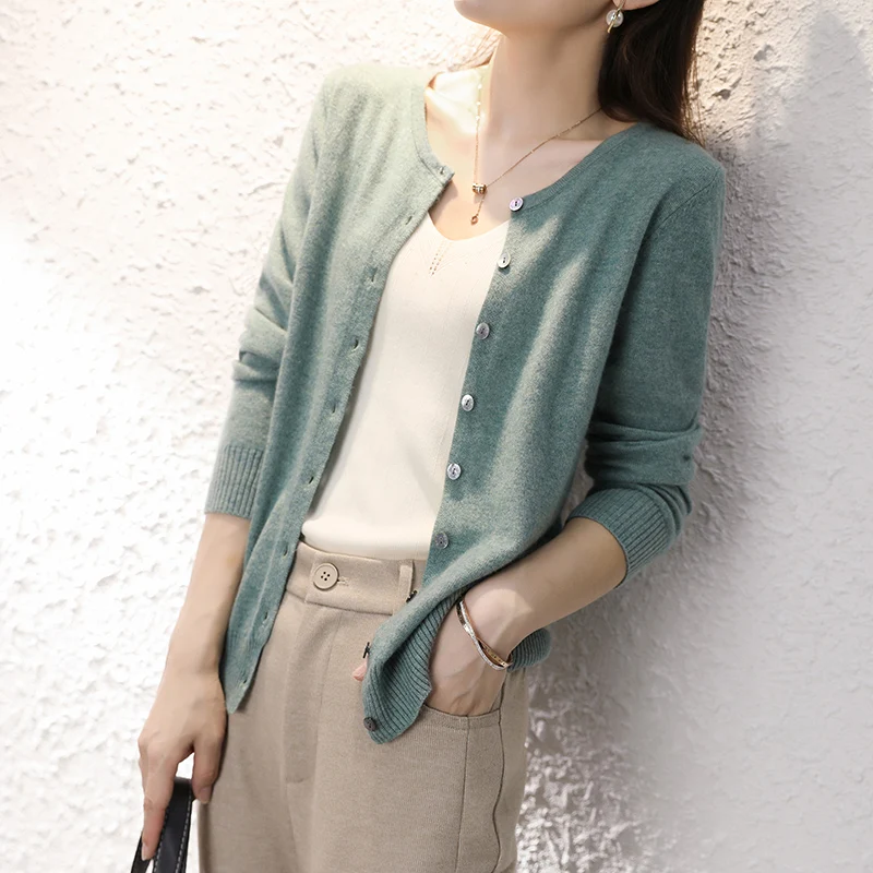 

2021 New 100% Cashmere Cardigan Women Coat Spring Autumn O-Neck Collar Warm Jacket Long Sleeve Soft Sweater Female Outwear