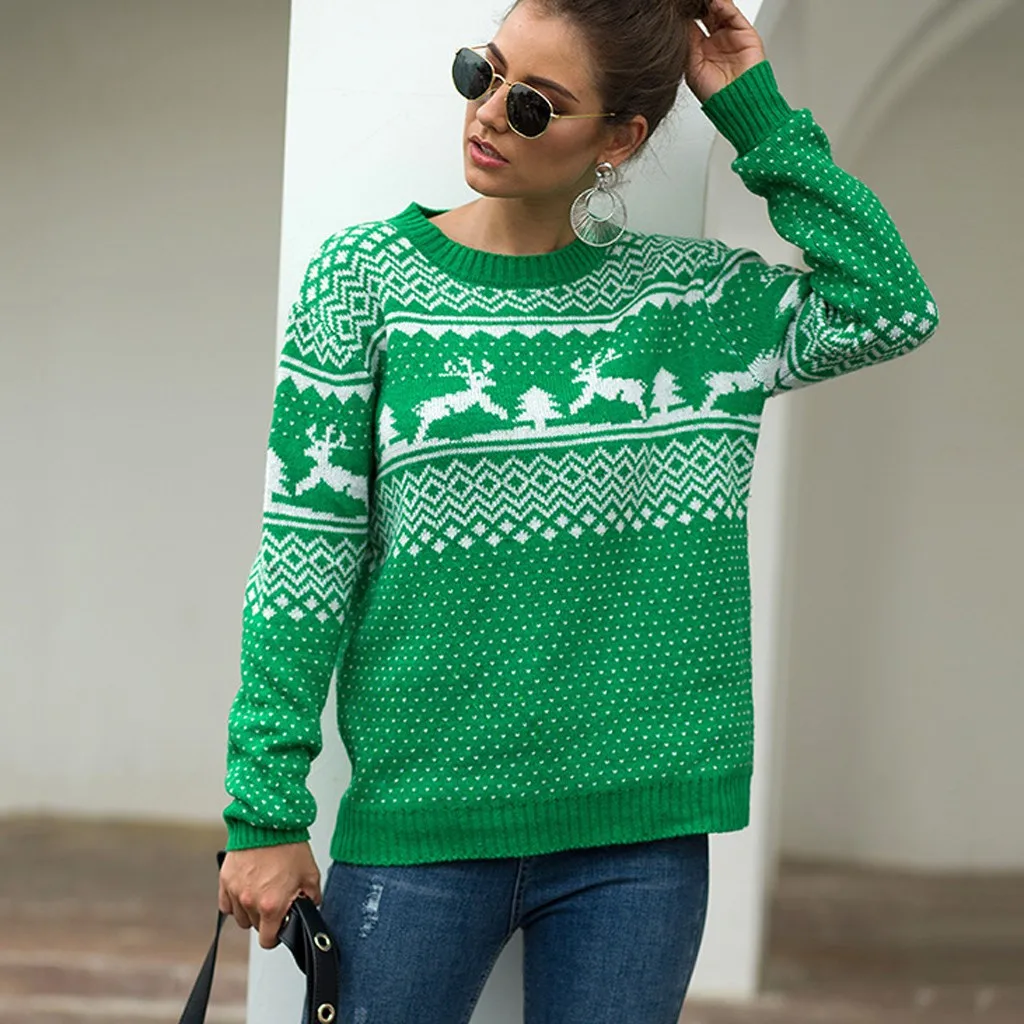 Модный новый Рождественский свитер Женский вязаный с круглым вырезом пуловер