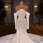 Женское свадебное платье с юбкой-годе, роскошное атласное платье с открытыми плечами и длинным рукавом, расшитое бисером, свадебное платье