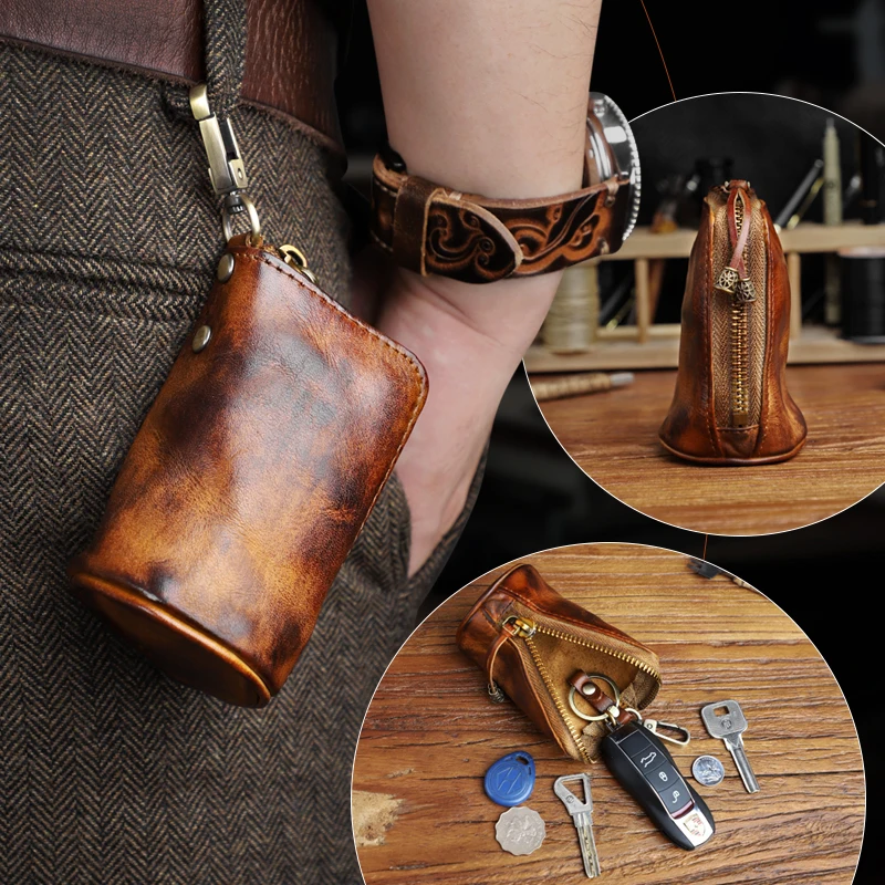 Brand New Men's Cowhide Leather Zipper Purse Bag Retro Car Key Wallets Fashion Multi-functional Housekeeper Holders