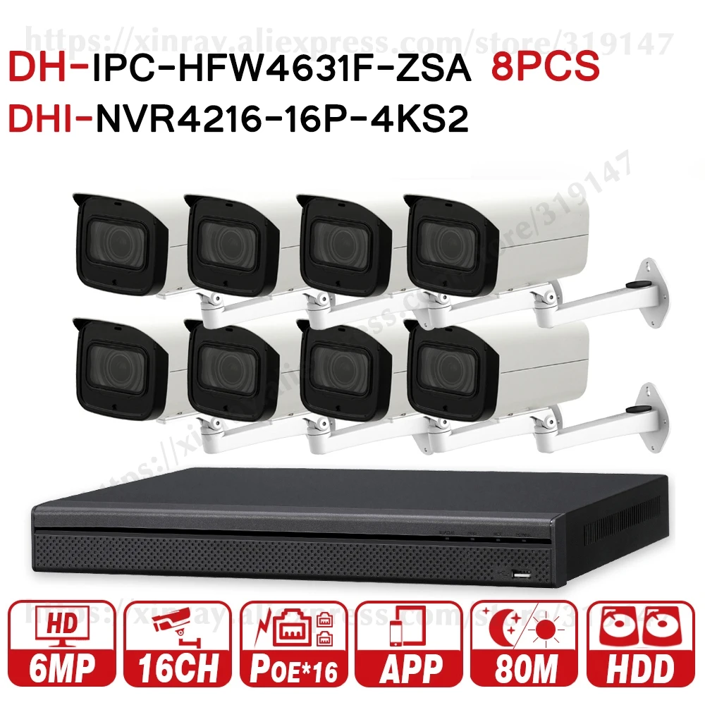 Dahua 6MP 16+ 8 Система видеонаблюдения 8 шт. 6MP POE Zoom ip-камера IPC-HFW4631F-ZSA 16POE 4K NVR NVR4216-16P-4KS2 комплекты видеонаблюдения