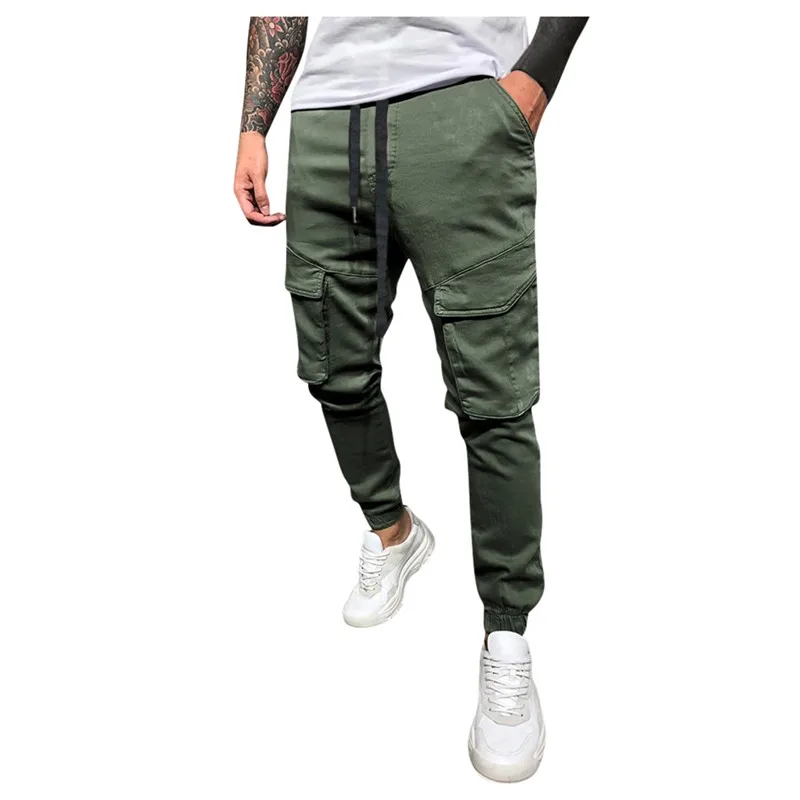 Army Green Мужские обтягивающие джоггеры, спортивные штаны, повседневные мужские Штаны для фитнеса, бодибилдинга, одноцветные штаны с карманом на завязках, длинные брюки размера плюс - Цвет: Army Green