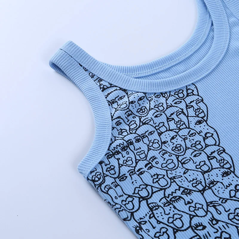 

2021 Summer Ribbed Tank Tops Sexy Y2K Vest Fashion Harajuku Korean Female Knitted White Blue Summer Women Slim Printed Tops