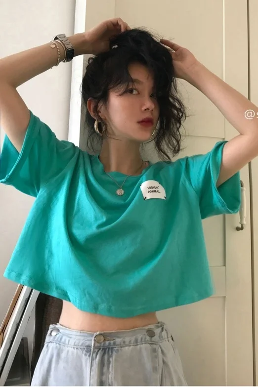 

Cotton Short Sleeve T-shirt Best Friend's Half Sleeve Summer Loose Blue Lake High Waist Open Navel Tops
