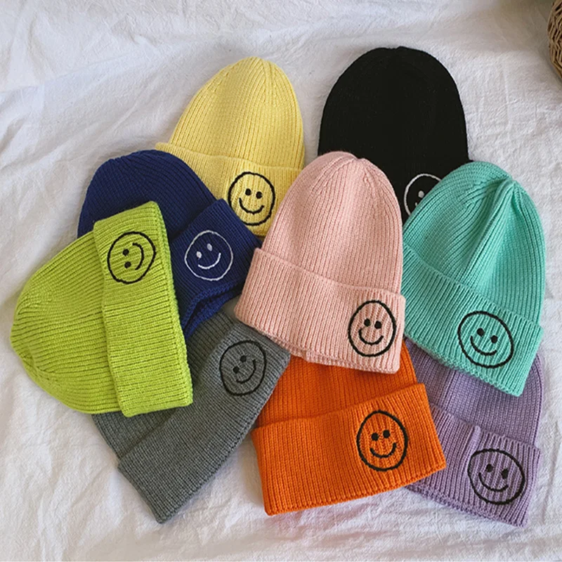 

Winter Kids Knitted Hats New Fashion Embroidered Smile Hat Toddler Children Hats Boys Girls Thick Kids Cute Hat 0-6Y For Babies