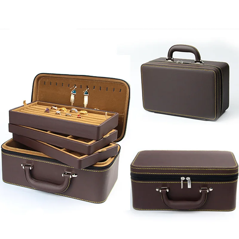 Leather Detachable High Level Necklace Ring Bracelets Jewelry Organizer Box Portable Travel Storage Box Suitcase Available