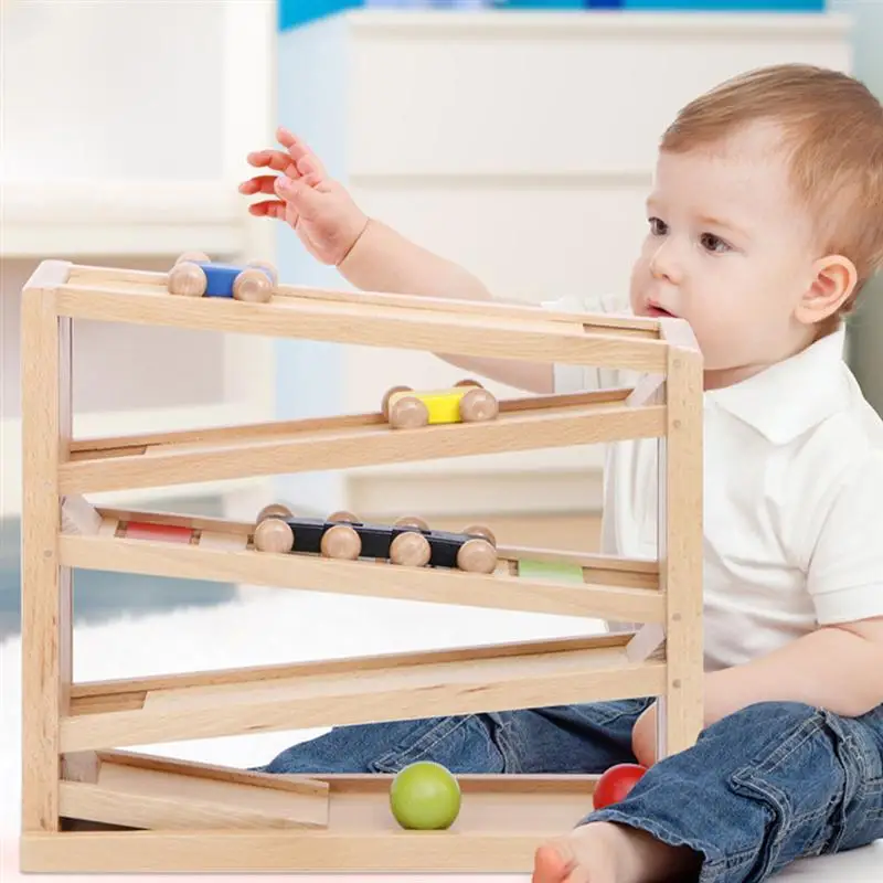 

Wooden Track Playset Roller Car Track Building Blocks Assembled Toy Vehicle Car With 4 Levels Ramp Birthday Gift Party Favors