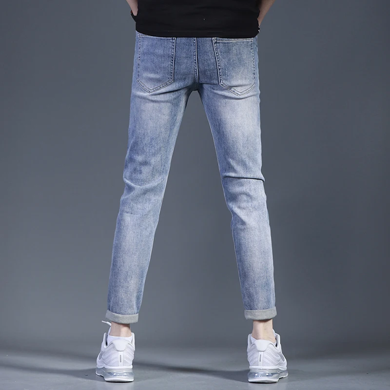 

2021 Casual Men Blue Stretch Ripped Jeans Summer Korean Style Slim Fit Pencil Pants Streetwear Denim Trousers