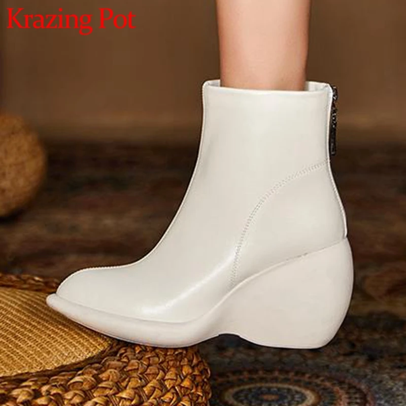 

Krazing Pot cow split leather winter strange shoes pointed toe waterproof super high heel back zip Internet star ankle boots l02