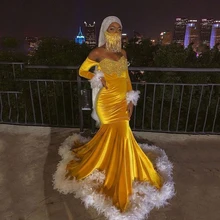 Robe de soirée de forme sirène pour femmes, tenue de bal élégante, de luxe, manches longues, plumes, grande taille, sur mesure, jaune or  (4)
