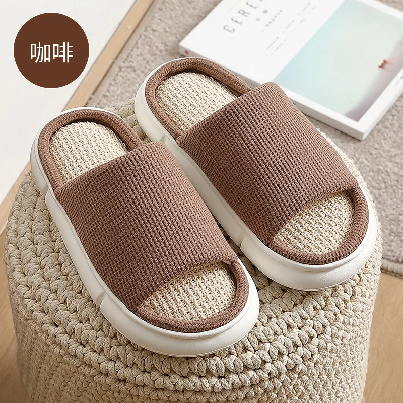 Linen Cotton Slippers Women's Indoor Household Mute Thick Bottom Anti-slip Four Seasons Japanese Cotton Linen Men Keep Warm