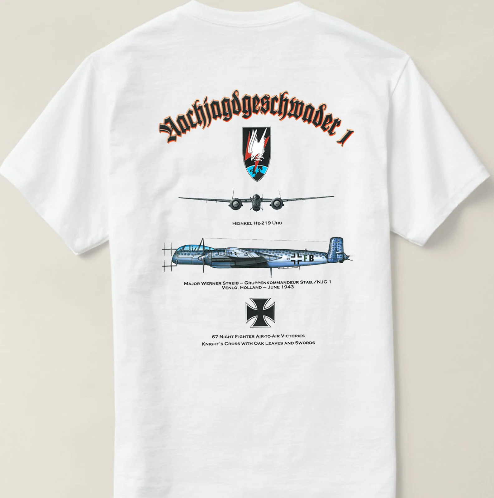 Немецкая футболка ночного истребителя Второй мировой войны NJG 1 Ace Pilot Werner Streib He-219