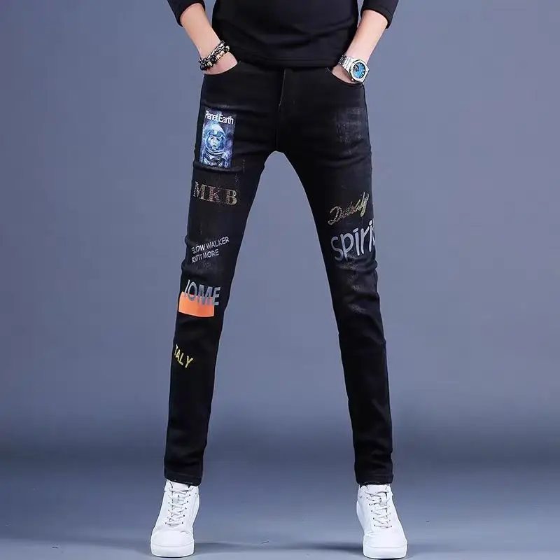 

Men’s High Quality Black Jeans,Slim-fit Stretch Denim Pants,Street Fashion Stylish Prints Jeans,Youth Sexy&Cool Must;