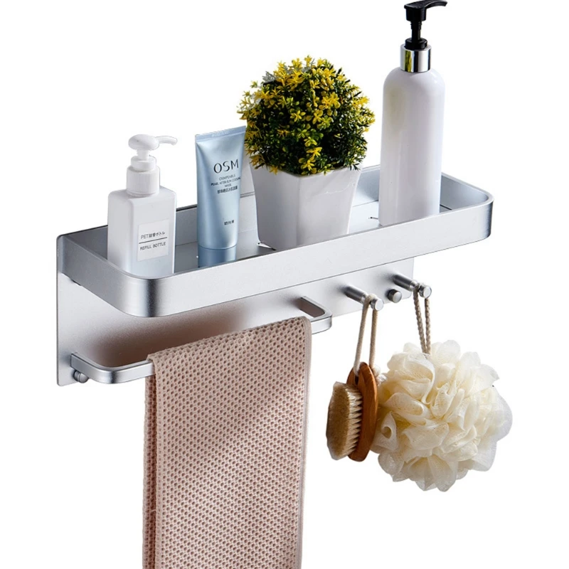 

Wall Mounted Self Adhesive Iron Towel Rack Bathroom Shower Shelf with Rail Hooks Dropshipping