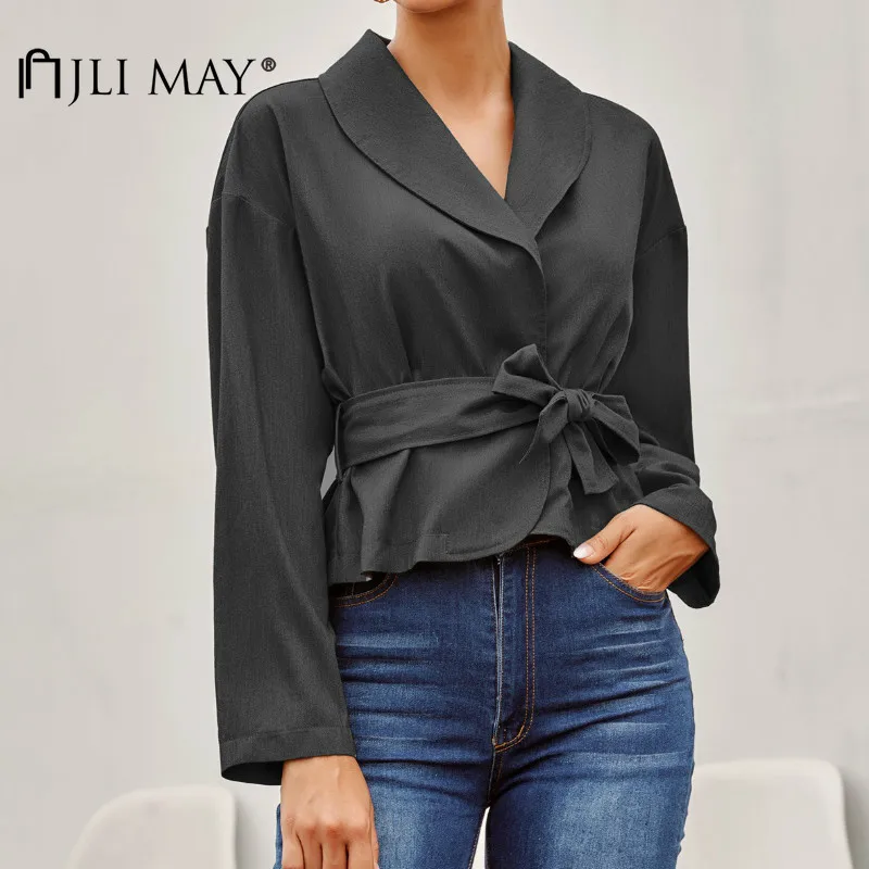 

JLI MAY Women Solid Shirts Cardigan Turn-down Collar Criss-Cross Long Sleeve Bow Sashes Slim Short Office Lady Blouses