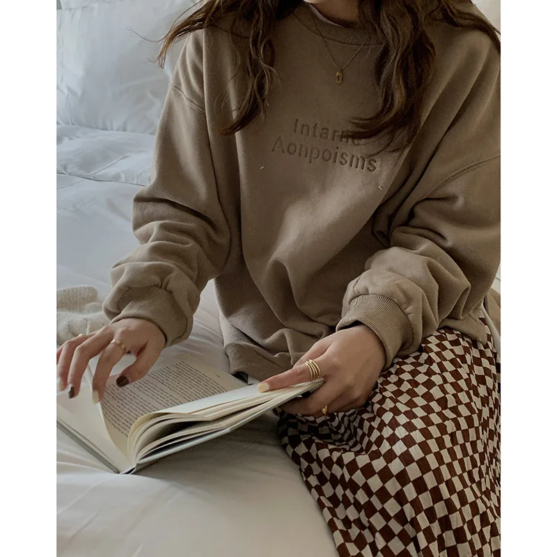 

Женская флисовая толстовка с круглым вырезом, Свободная Повседневная Длинная толстовка в Корейском стиле, Осень-зима 2021