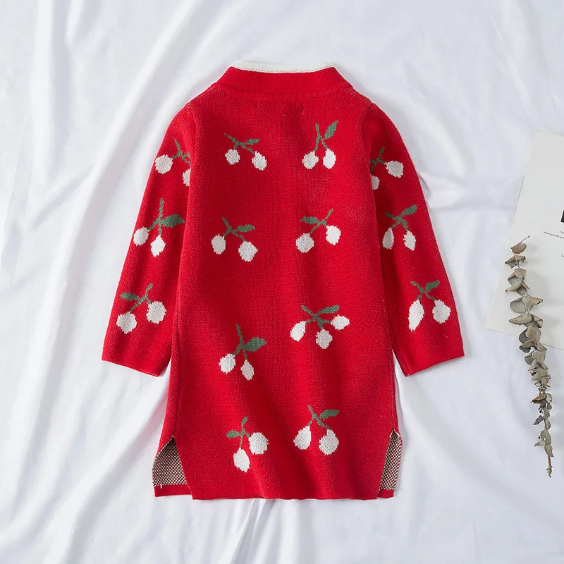 Autumn Winter Cherry Knit Girl Dress New Year Clothes Long Sweater Chinese Style Cotton Children Cheongsam Dress 2-6 Years