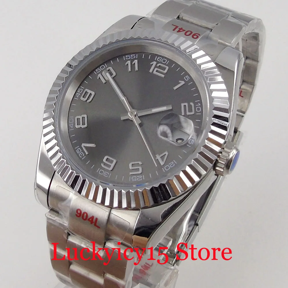 

BLIGER 36MM/39MM 21 Jewels MIYOTA 8215 Automatic Men Watch Grey Dial Fluted Bezel Brushed Oyster Band Glide Lock Calendar