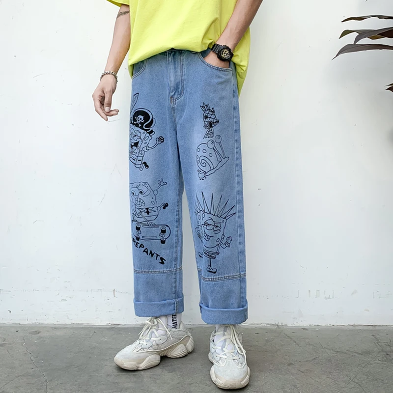 

2021 Cartoon Print Jeans Men's BF Harajuku Fashion Brand Street Casual Fashion graffiti loose blue jeans