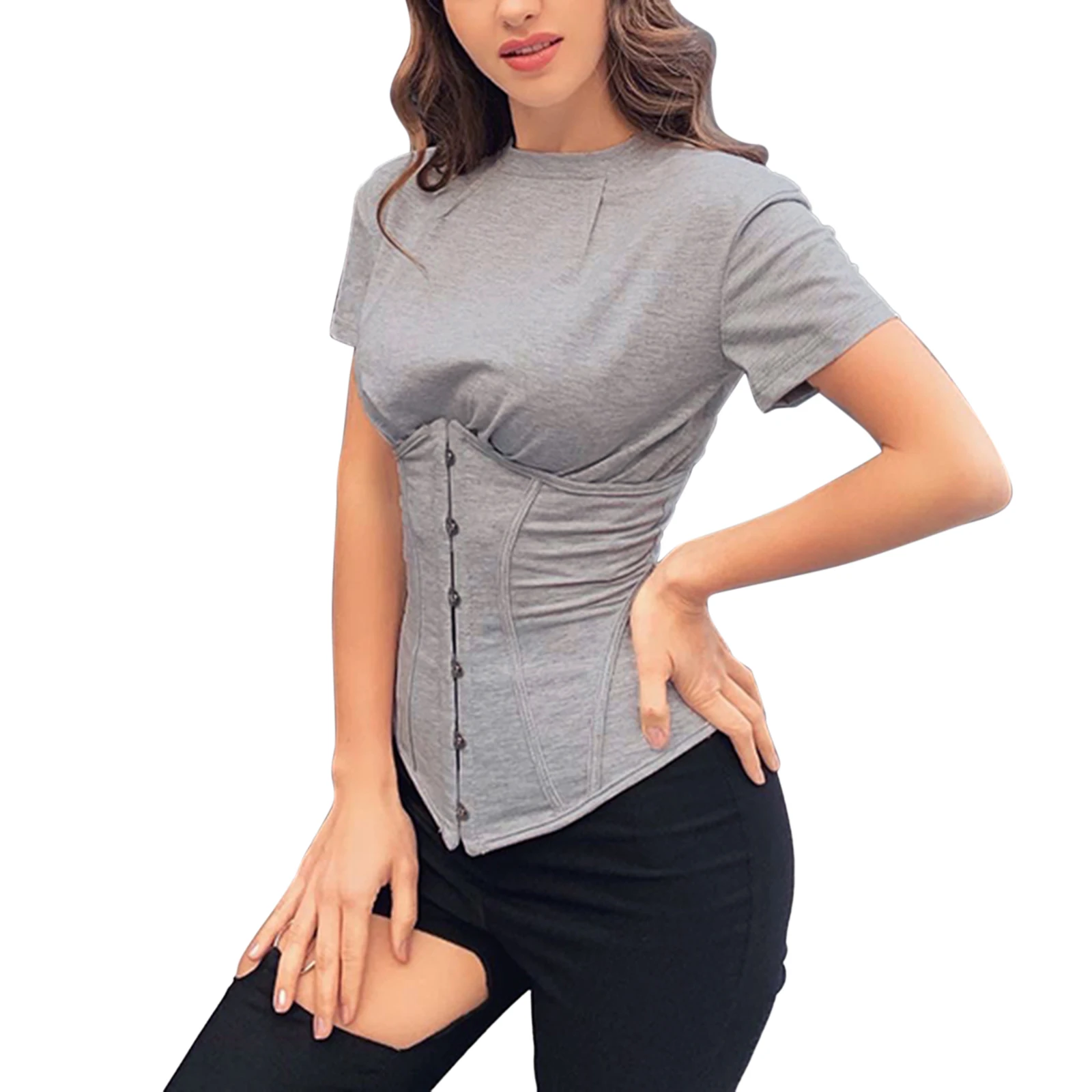 

2021 Summer 2 Pieces Suit Set Female Solid Color Round Collar Short Sleeve Crop Tops+ Corset for Summer, Gray, S/M/L Hot Sale