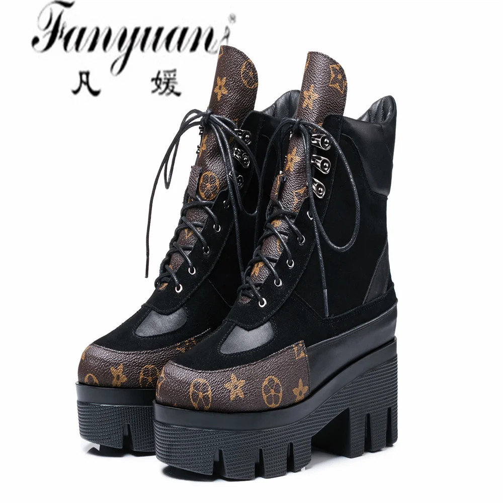 

Fanyuan Genuine Leather Women Martin Boots Chunky Punk Womens Gothic Shoes Round Toe Platform Classical Lace Up Print Size 34-42